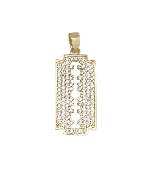 Solid 10K Yellow Gold Razor Blade Necklace Pendant Charm With CZ