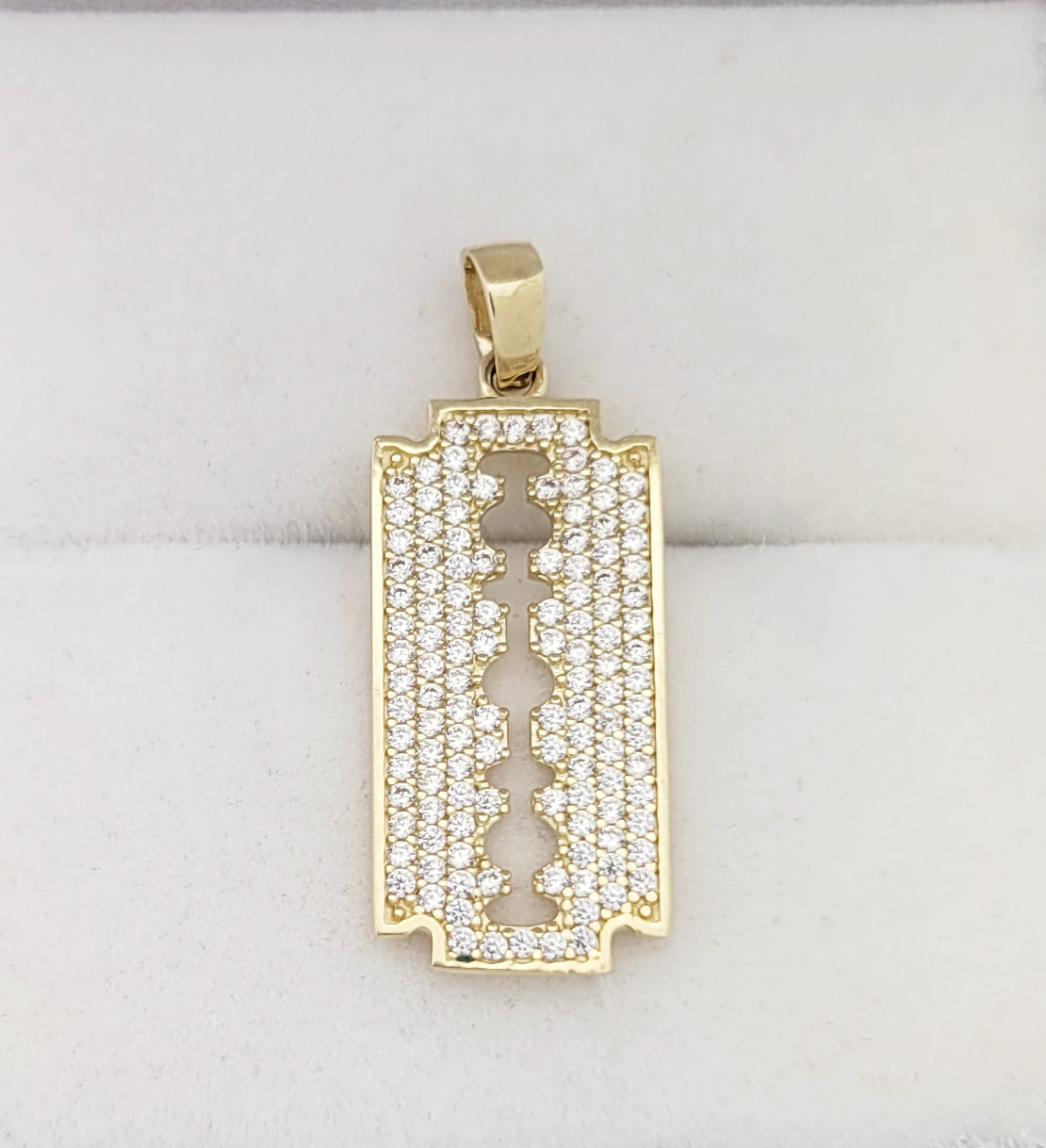 Solid 10K Yellow Gold Razor Blade Necklace Pendant Charm With CZ