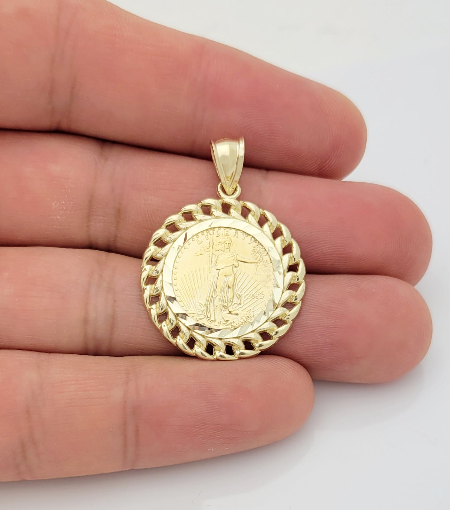 10K Yellow Gold Mens Walking Liberty Coin Pendant Cuban Link Frame