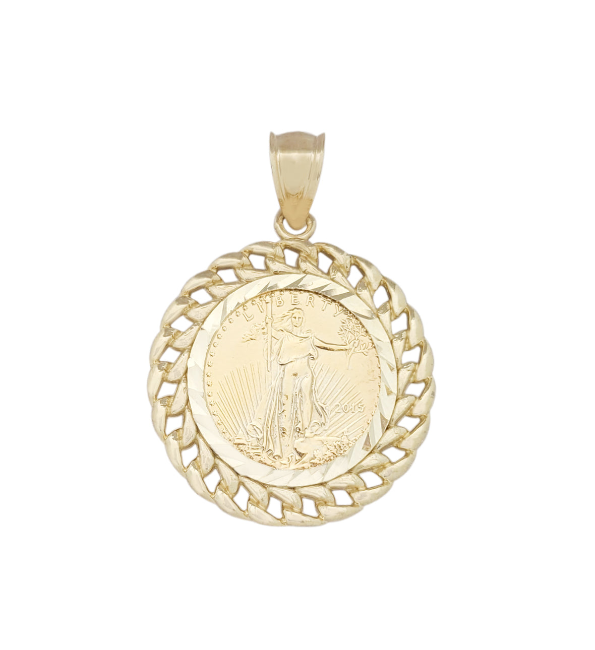 10K Yellow Gold Mens Walking Liberty Coin Pendant Cuban Link Frame