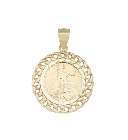 10K Yellow Gold Mens Walking Liberty Coin Pendant Cuban Link Frame