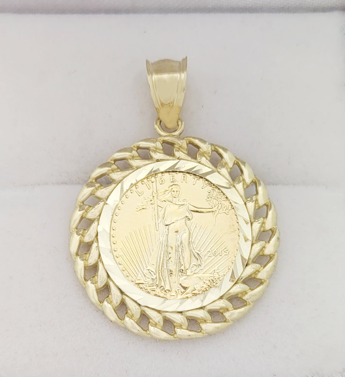 10K Yellow Gold Mens Walking Liberty Coin Pendant Cuban Link Frame