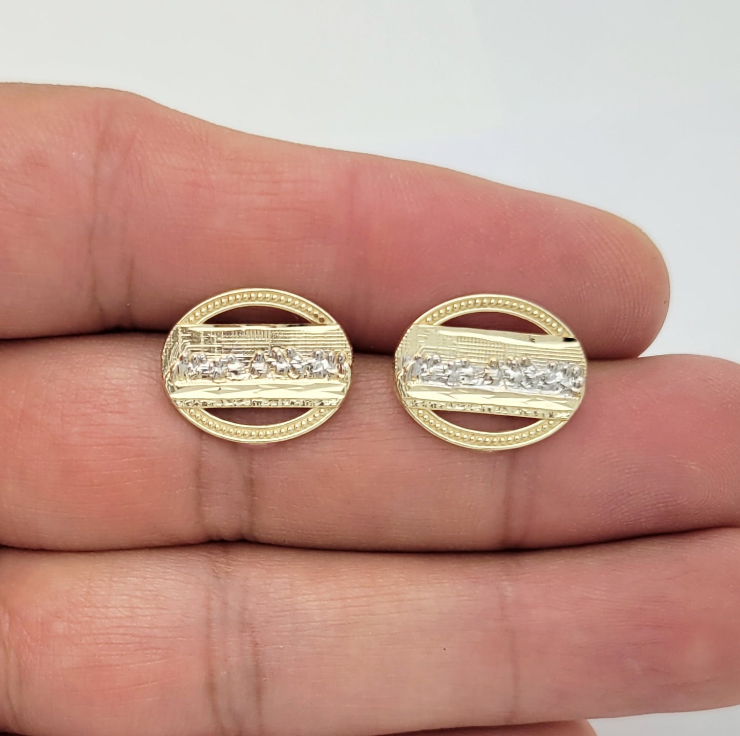 Men's Gold Last Supper Earrings 10K Yellow Gold Oval Last supper