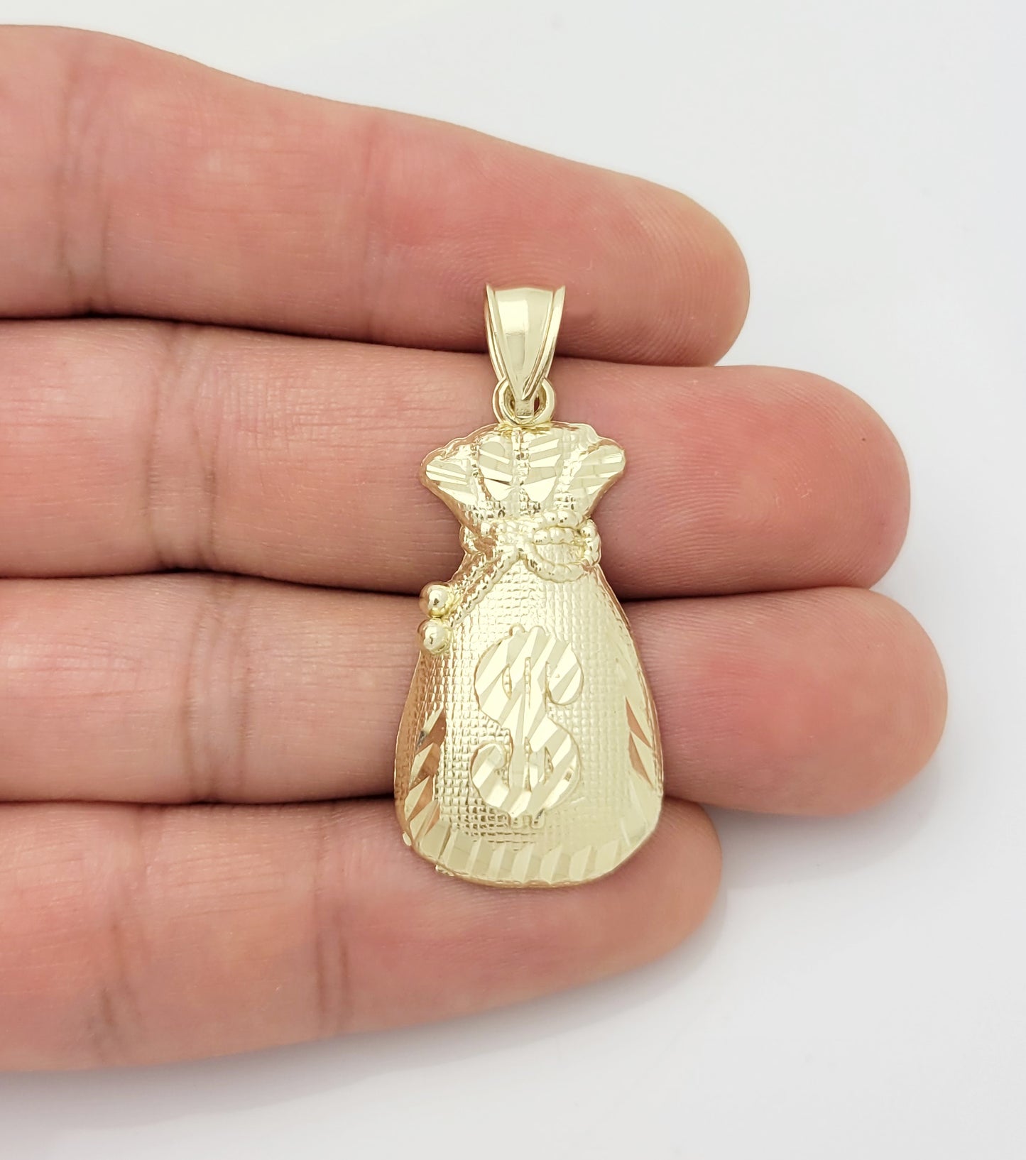 10K Yellow Gold Money Bag Pendant Treasure Dollar Sign Pendant Hip Hop 1.6 in