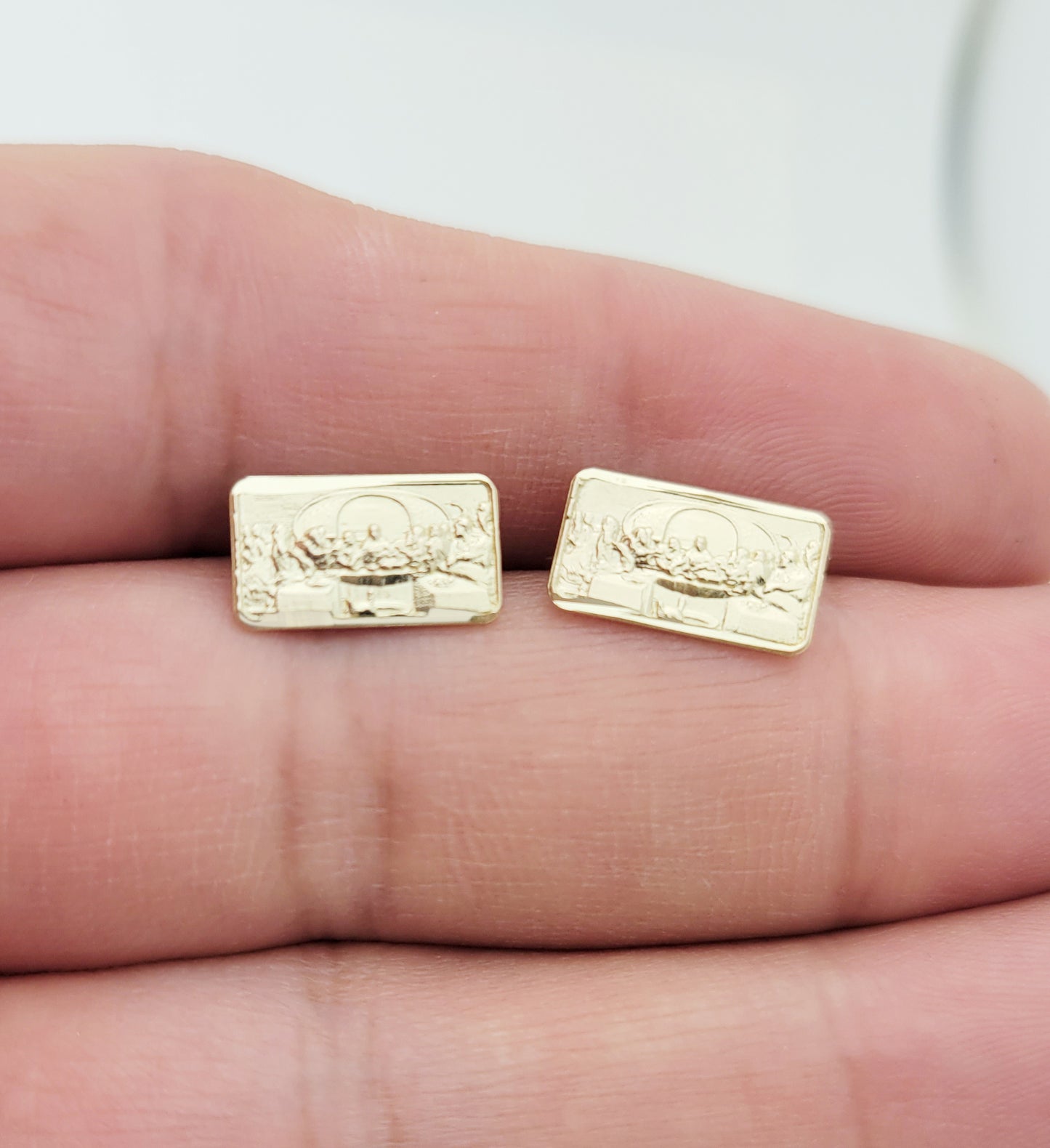 Gold Last Supper Earrings 10K Yellow Gold Rectangle Last Supper Earrings 0.5 in x 0.3 in