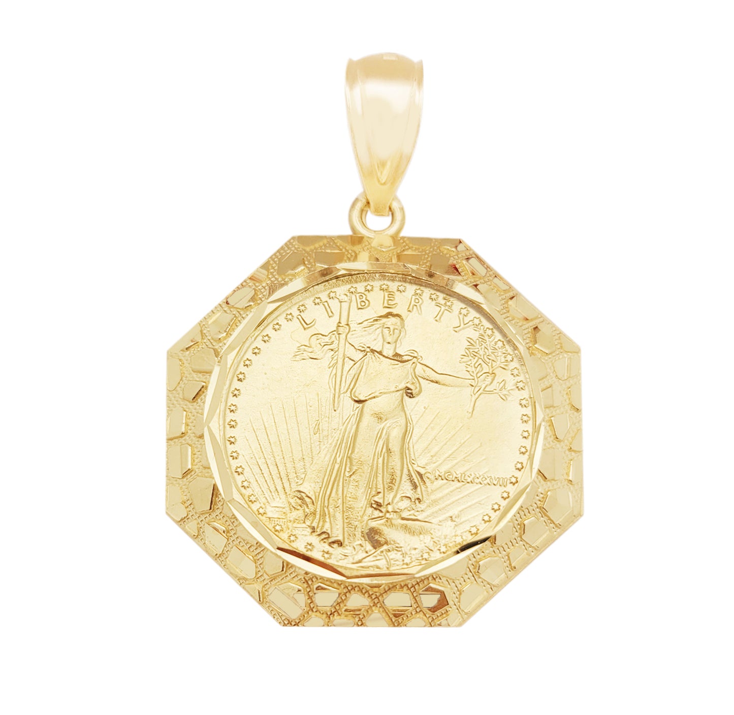 10K Yellow Gold Walking Liberty Coin and Nugget Bezel Pendant 1.1 inch Width