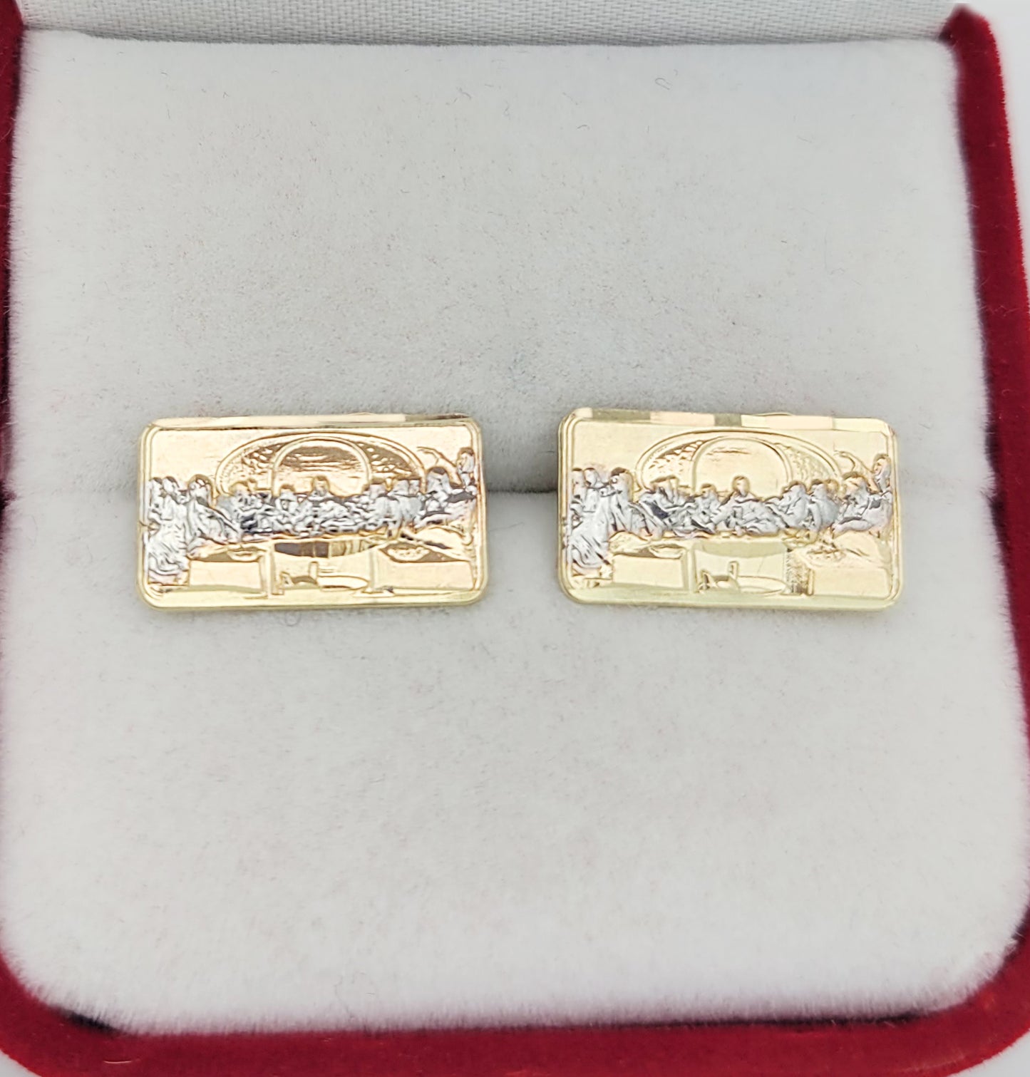 Men's Gold Last Supper Earrings 10K Yellow Gold Rectangle Last Supper Earrings 0.65 in x 0.4 in