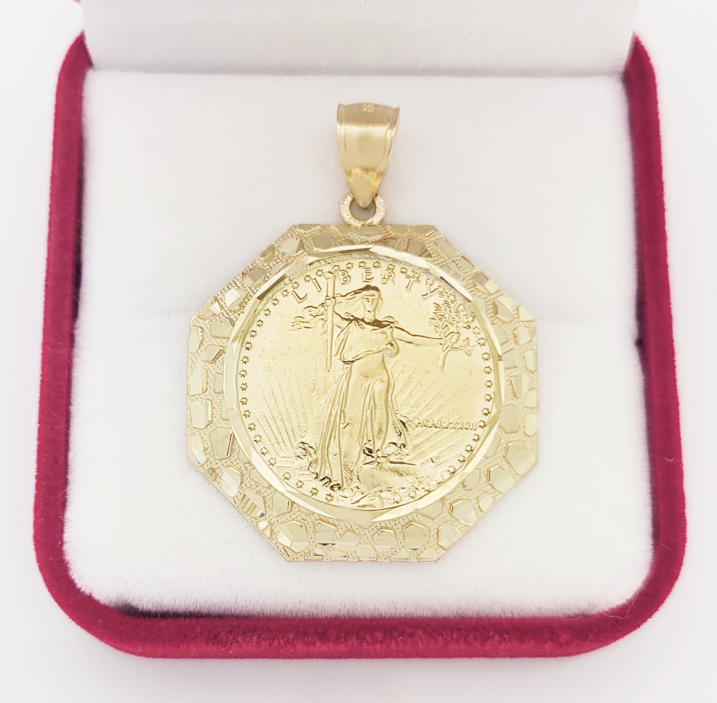 10K Yellow Gold Walking Liberty Coin and Nugget Bezel Pendant 1.1 inch Width