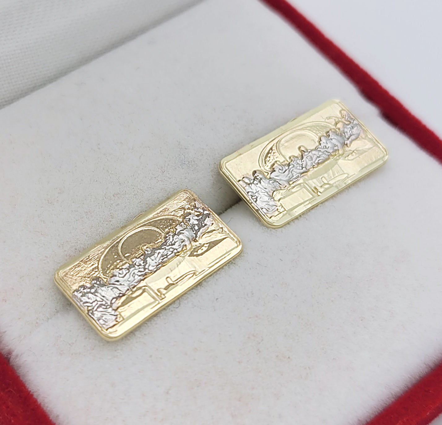 Men's Gold Last Supper Earrings 10K Yellow Gold Rectangle Last Supper Earrings 0.65 in x 0.4 in