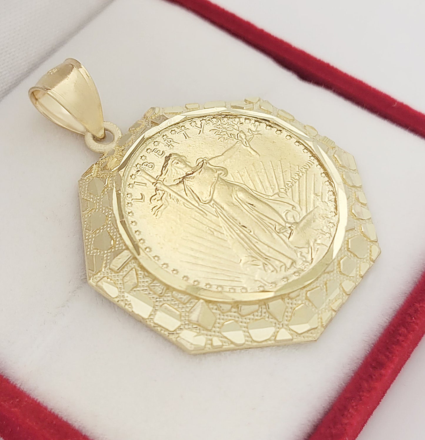 10K Yellow Gold Walking Liberty Coin and Nugget Bezel Pendant 1.1 inch Width