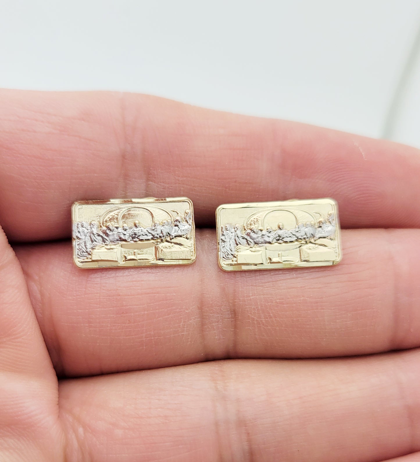 Men's Gold Last Supper Earrings 10K Yellow Gold Rectangle Last Supper Earrings 0.65 in x 0.4 in