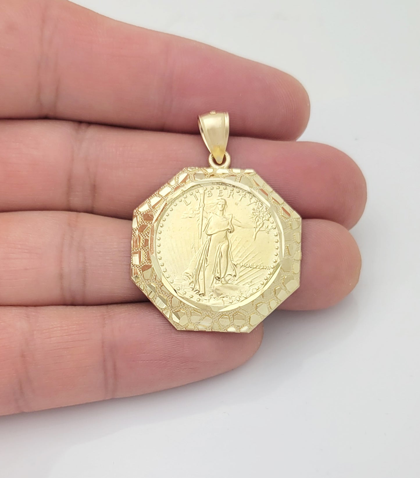 10K Yellow Gold Walking Liberty Coin and Nugget Bezel Pendant 1.1 inch Width