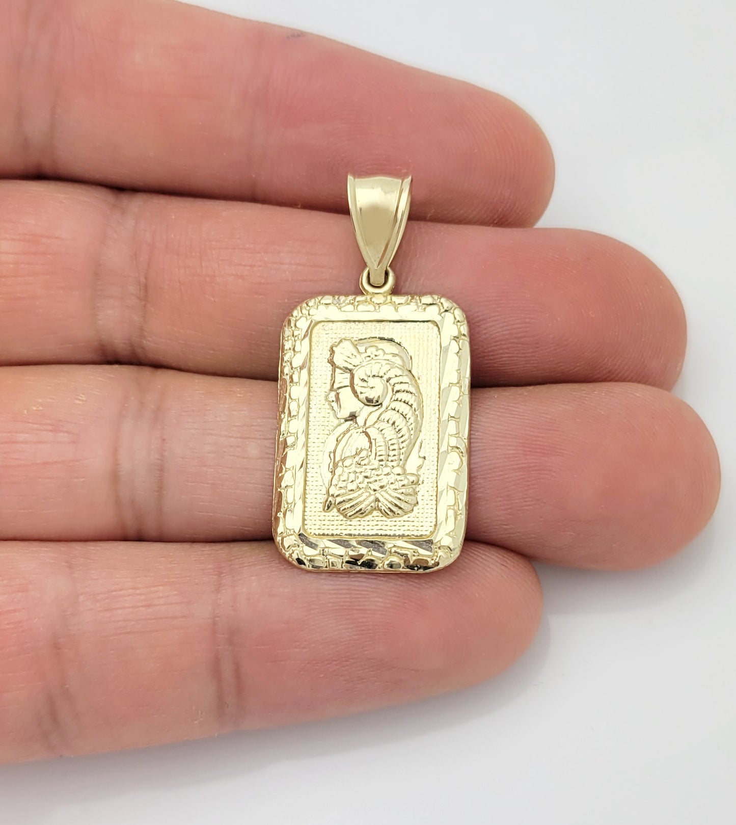 10k Yellow Gold Lady Fortuna Necklace Pendant Nugget Cut Frame Lady Fortuna Bar 1.25 inch