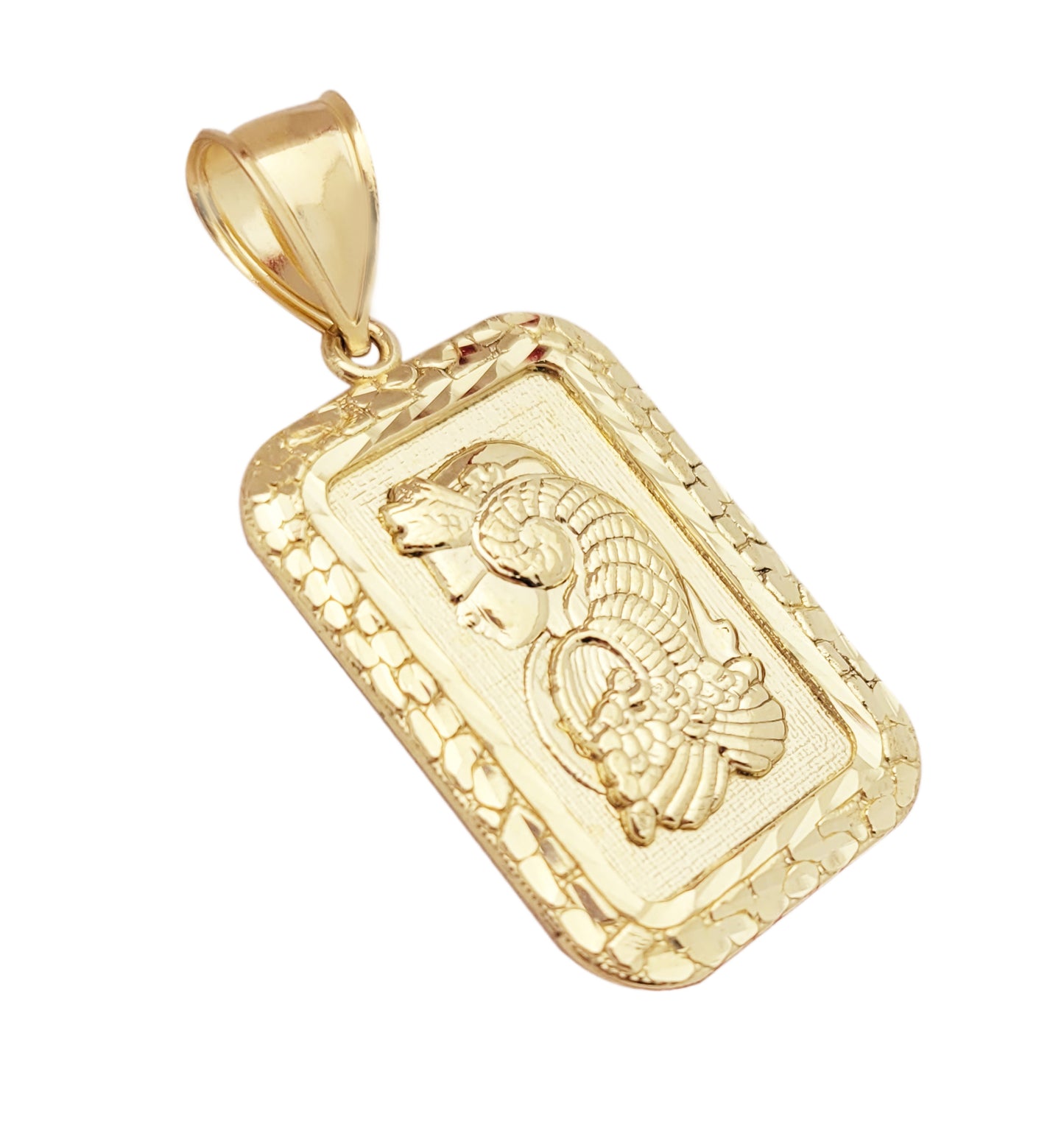 10k Yellow Gold Lady Fortuna Bar Pendant Nugget Cut Frame Lady Fortuna Bar 1 inch