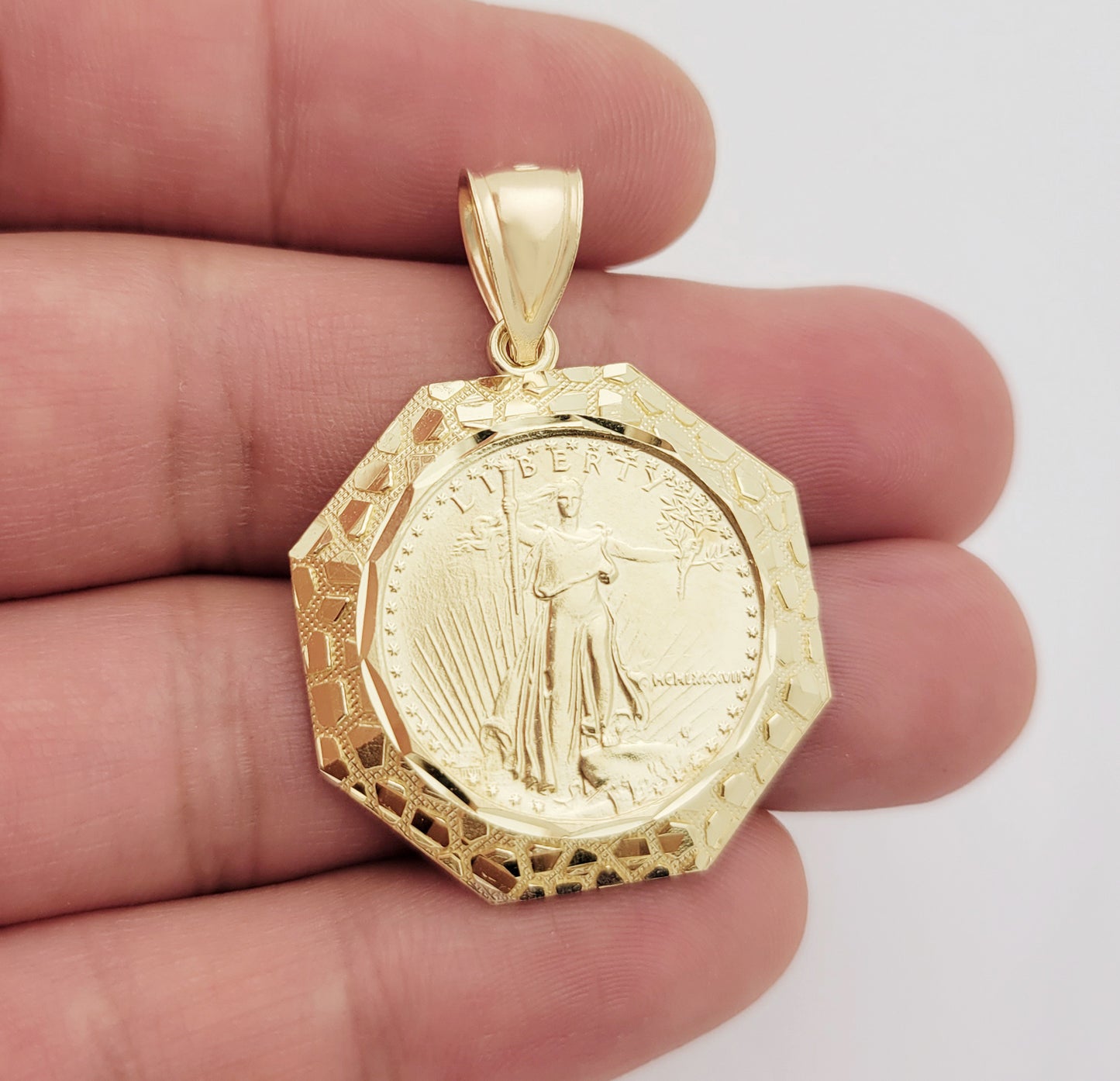 10K Yellow Gold Walking Liberty Coin and Nugget Bezel Pendant 1.1 inch Width