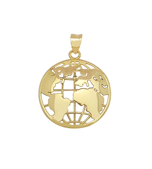 10K Yellow Gold World Map Pendant Globe Charm Plain Design 0.8 in Diameter