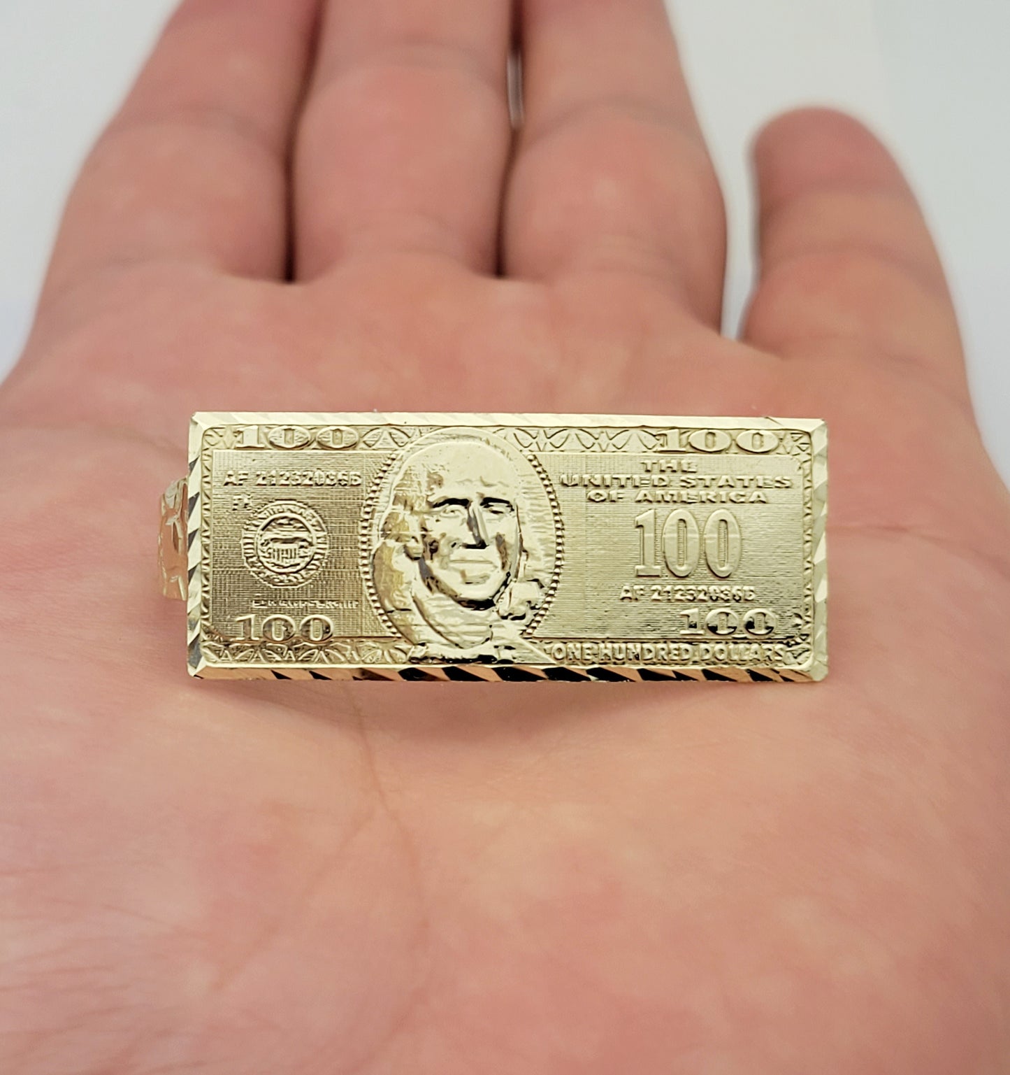 Men's 10K Yellow Gold Hundred Dollar Bill Ring Two Finger Ring Benjamin Franklin Double Finger Ring