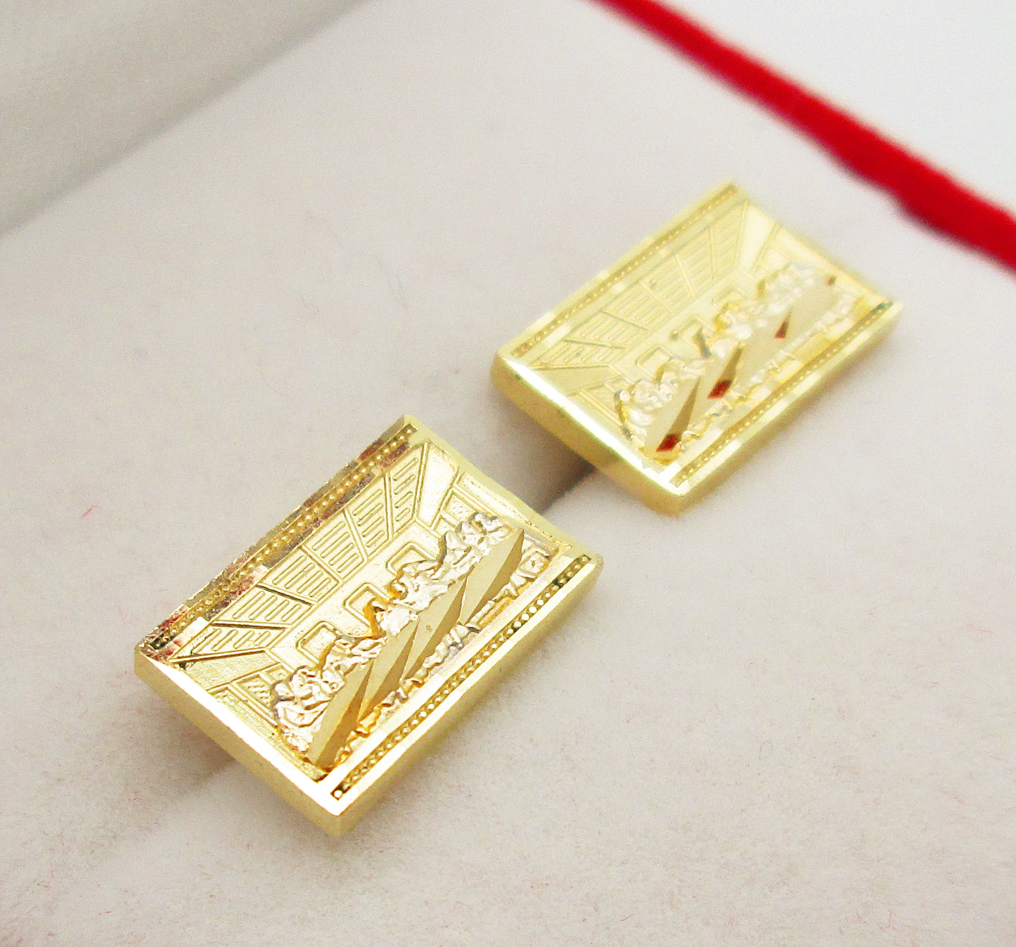 Men's Gold Last Supper Earrings 10K Yellow Gold Rectangle Last Supper Earrings