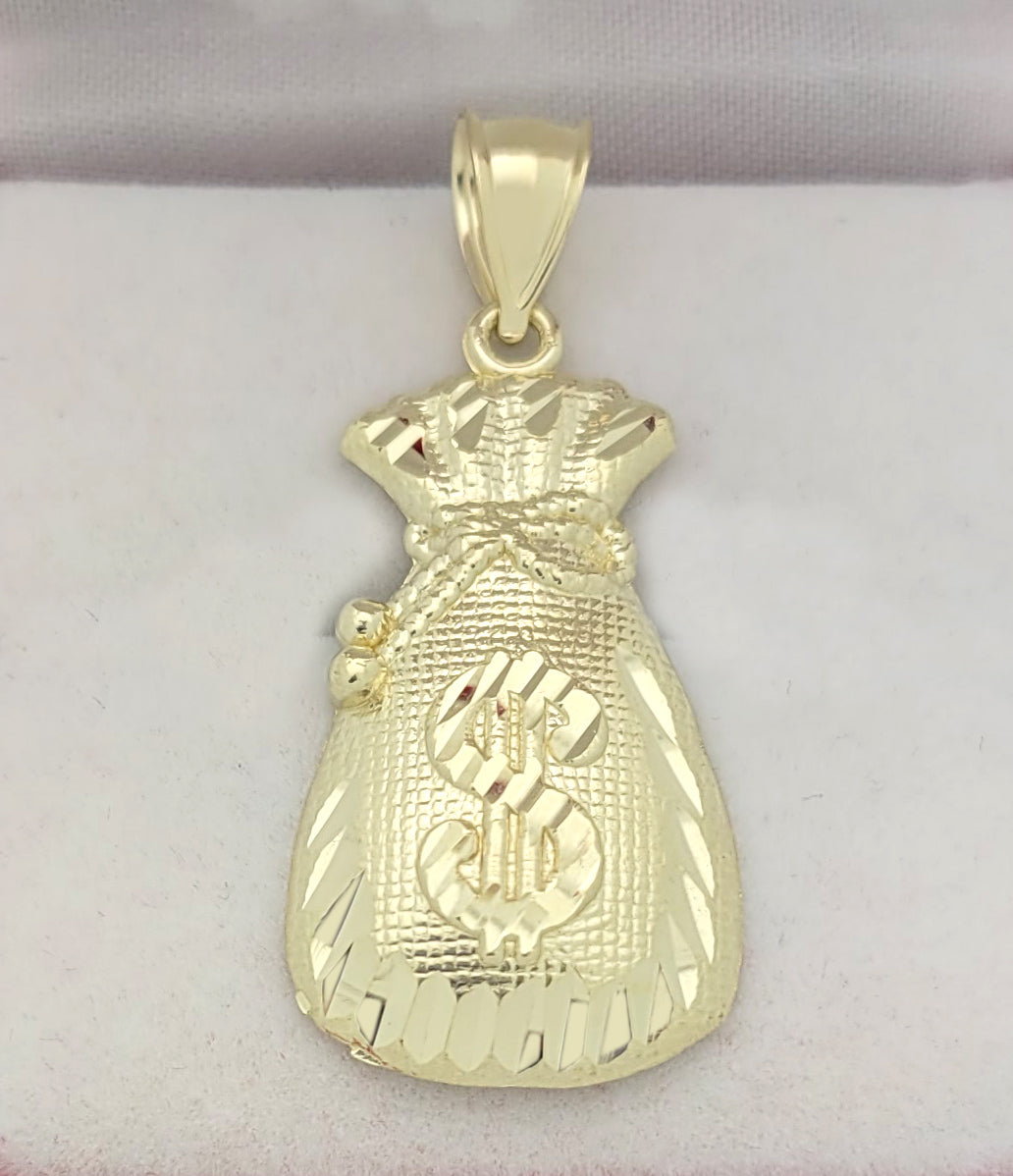 10K Yellow Gold Money Bag Pendant Treasure Dollar Sign Pendant Hip Hop 1.6 in