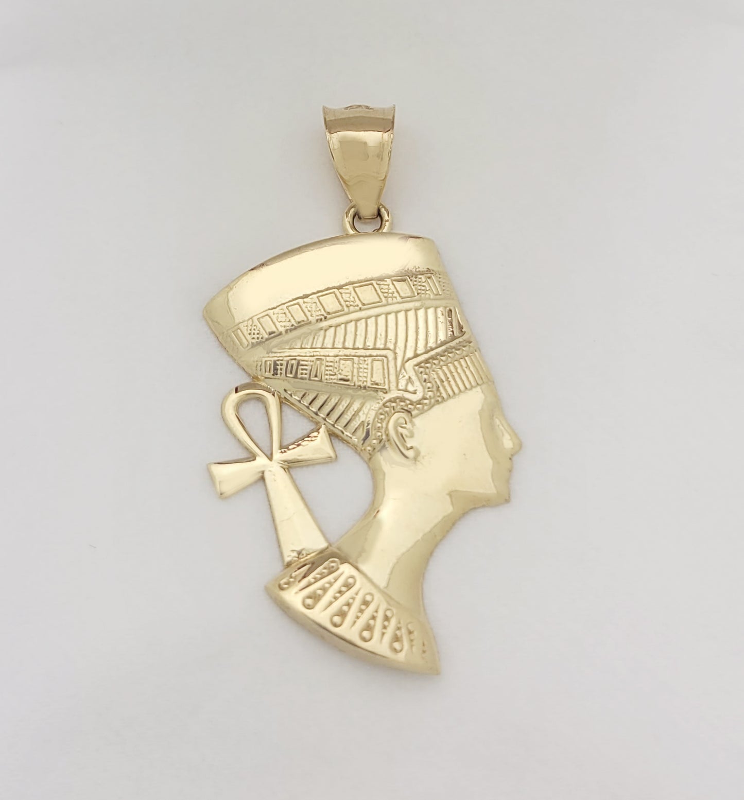 10K Yellow Gold Nefertiti Necklace Pendant Egyptian Queen With Ankh Cross