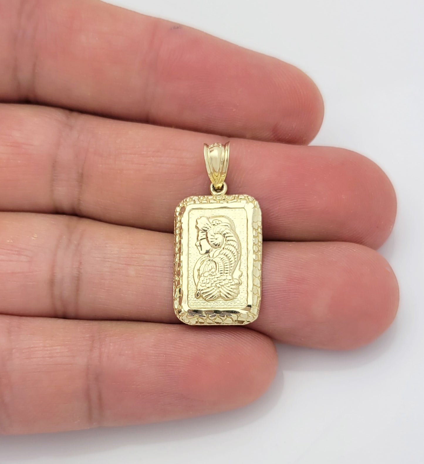 10k Yellow Gold Lady Fortuna Bar Pendant Nugget Cut Frame Lady Fortuna Bar 1 inch