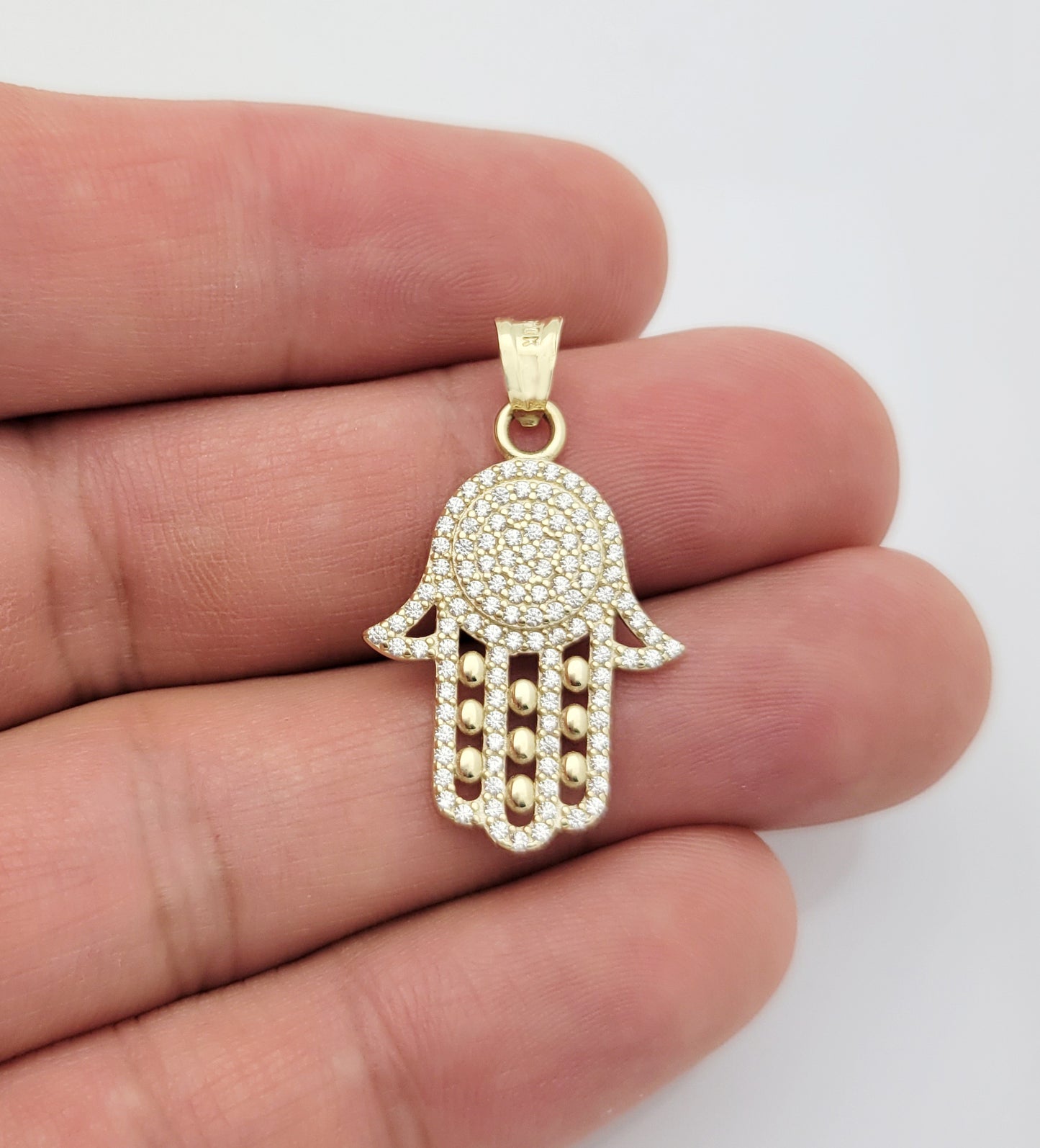 10k Yellow Gold Hamsa Pendant Hand of Fatima Charm 1.1 inch