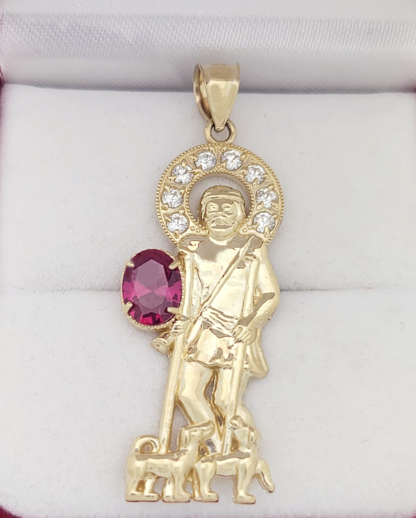 10K Yellow Gold Saint Lazarus Pendant Charm Patron Pendant Lazarus With Red Stone