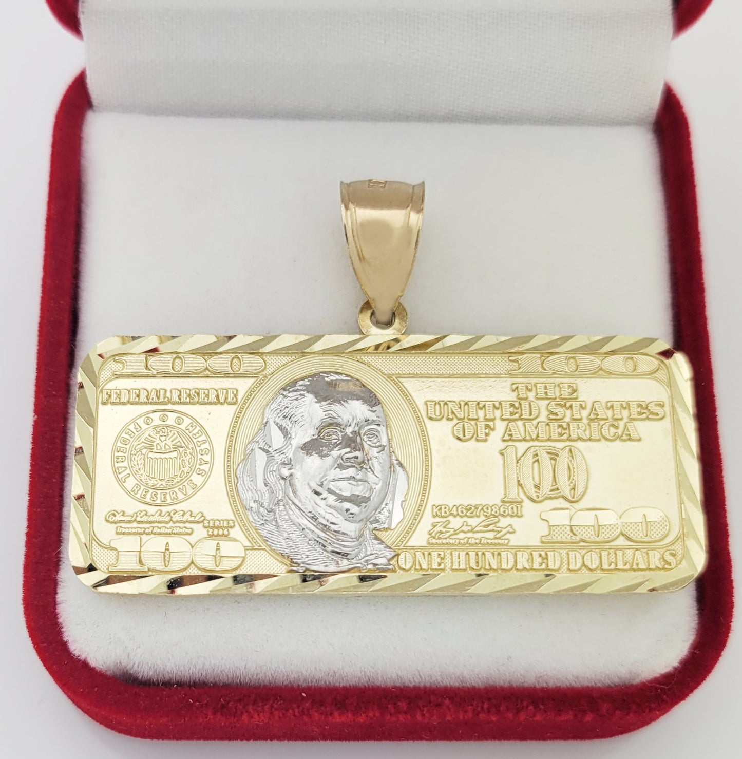 Mens 10K Yellow Gold Hundred Dollar Bill Pendant Benjamin Franklin