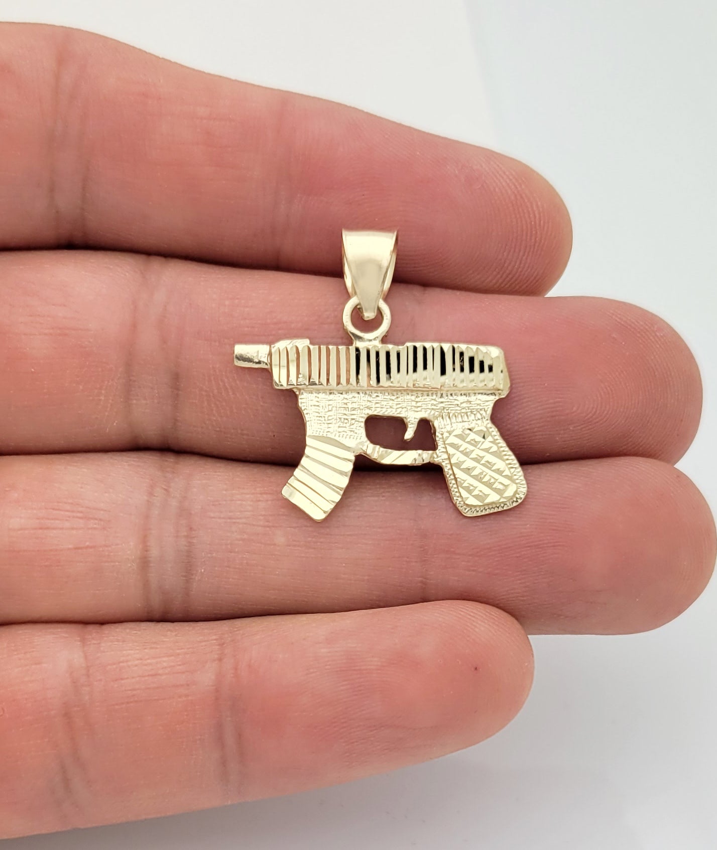 10K Yellow Gold Diamond Cut Uzi Gun Necklace Pendant 1.0 in