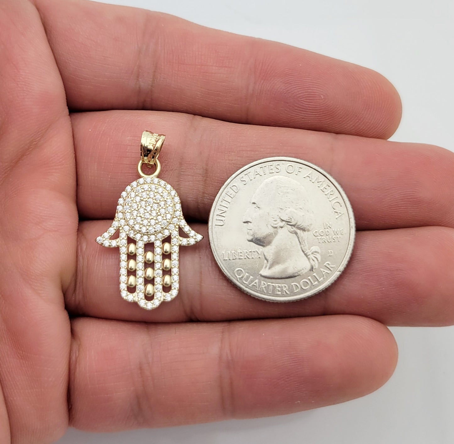 10k Yellow Gold Hamsa Pendant Hand of Fatima Charm 1.1 inch