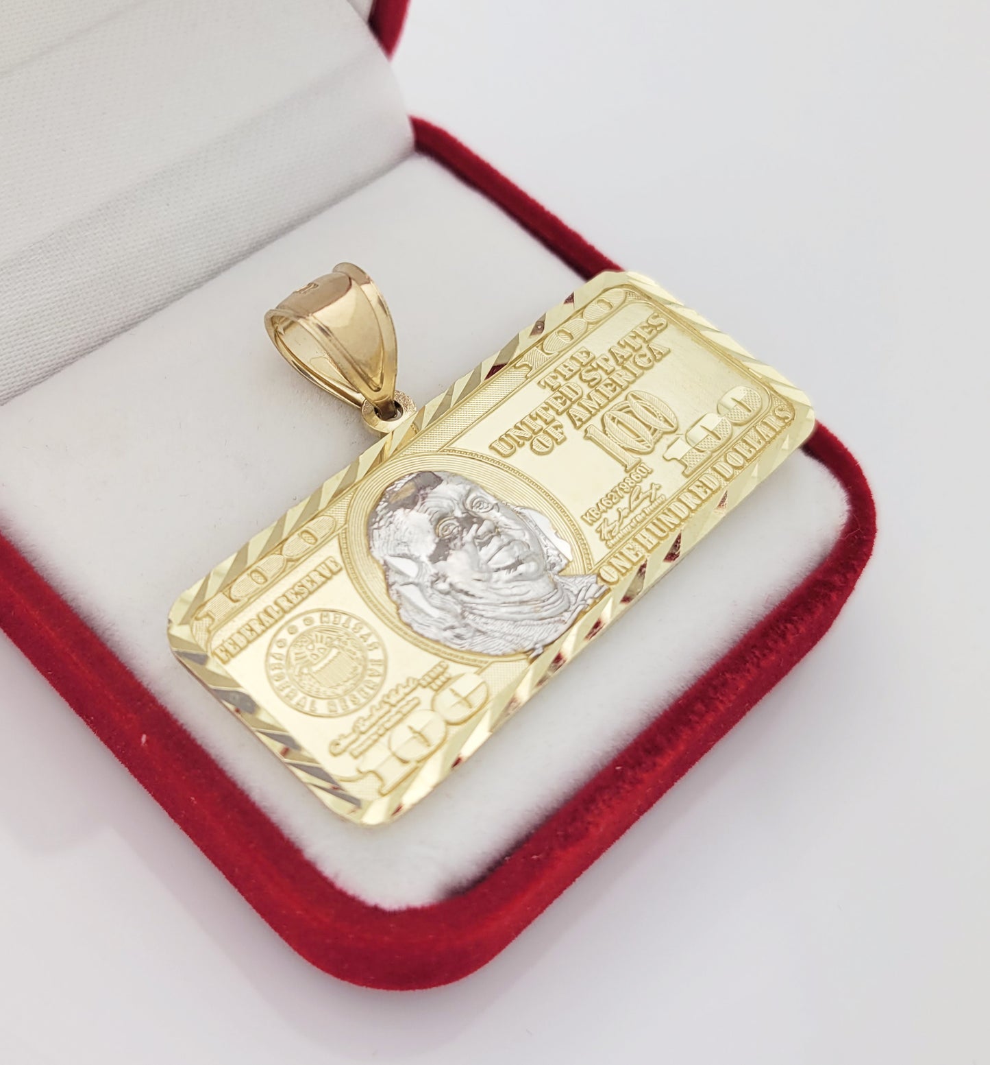 Mens 10K Yellow Gold Hundred Dollar Bill Pendant Benjamin Franklin