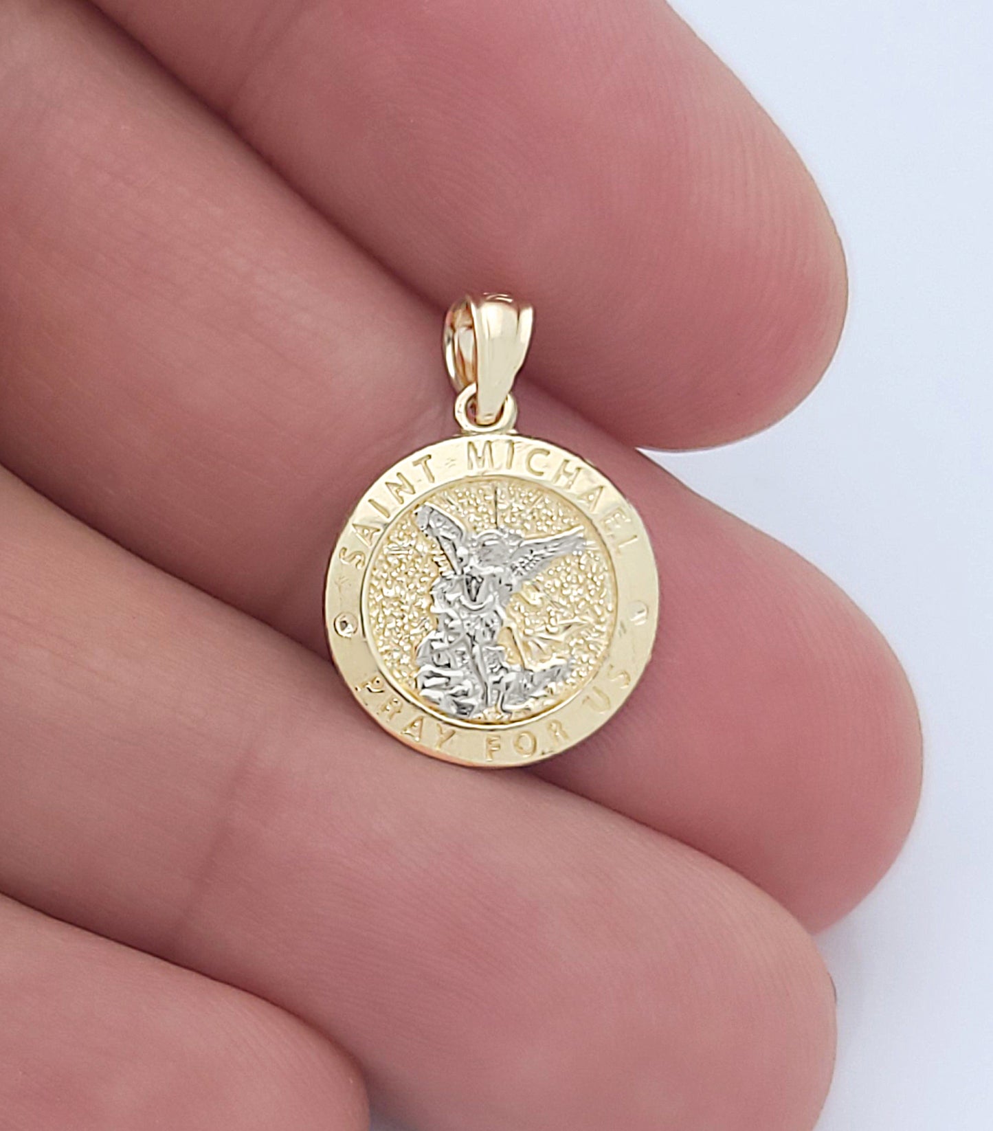 10K Yellow Gold Saint Michael The Archangel Pendant Charm St. Michael Medal Small