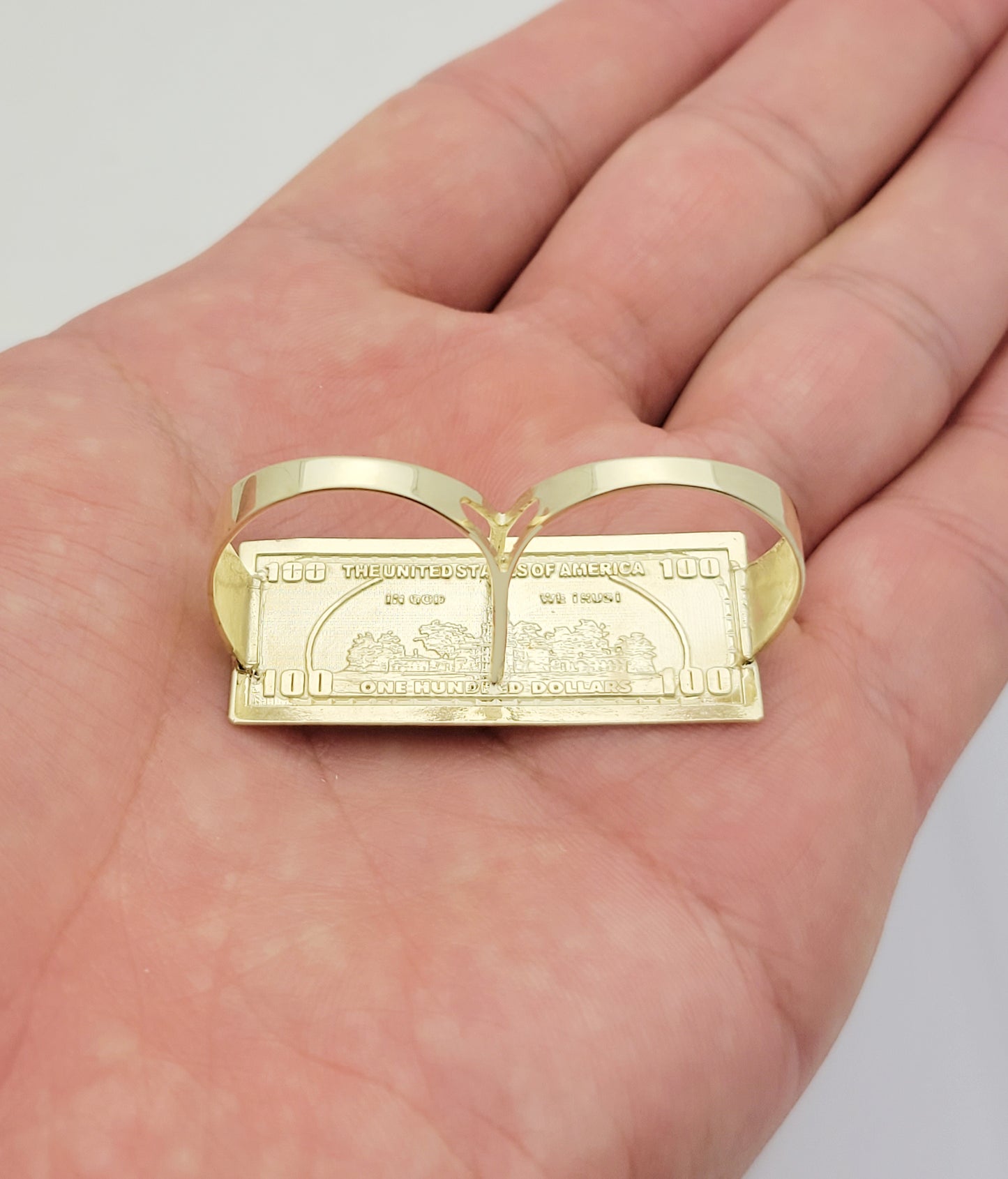 Men's 10K Yellow Gold Hundred Dollar Bill Ring Two Finger Ring Benjamin Franklin Double Finger Ring