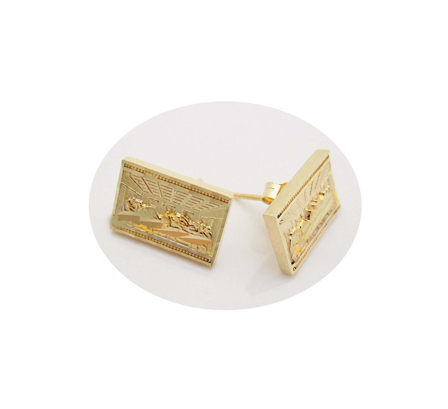 Men's Gold Last Supper Earrings 10K Yellow Gold Rectangle Last Supper Earrings