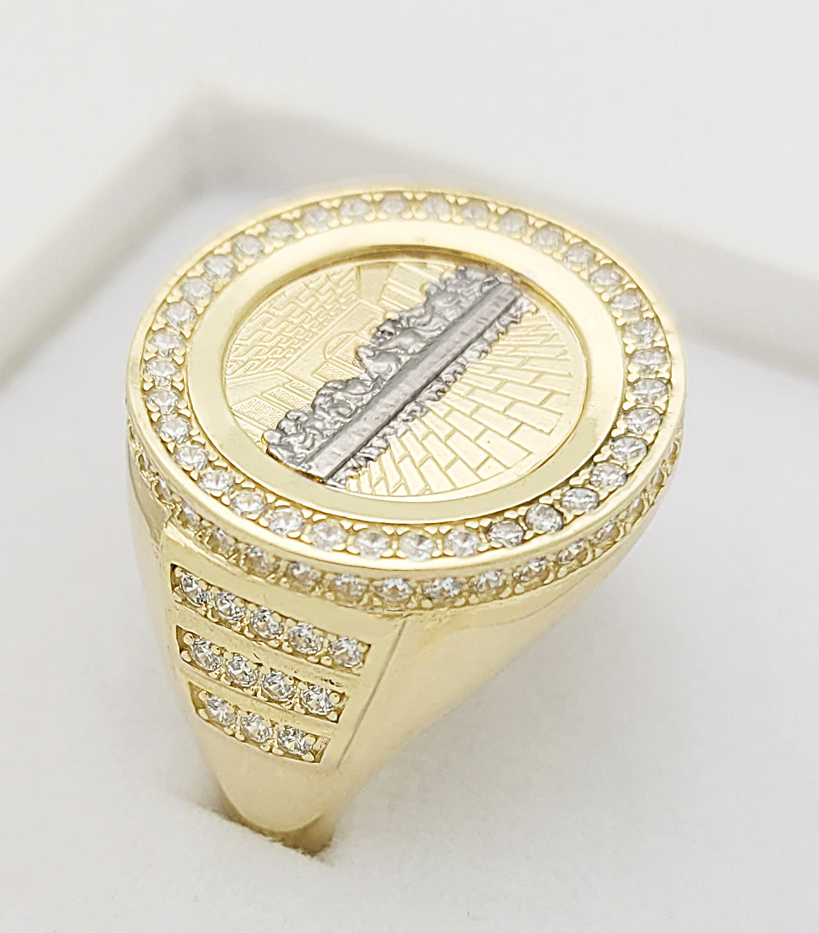 10K Yellow Gold Last Supper Ring For Men CZ Stone