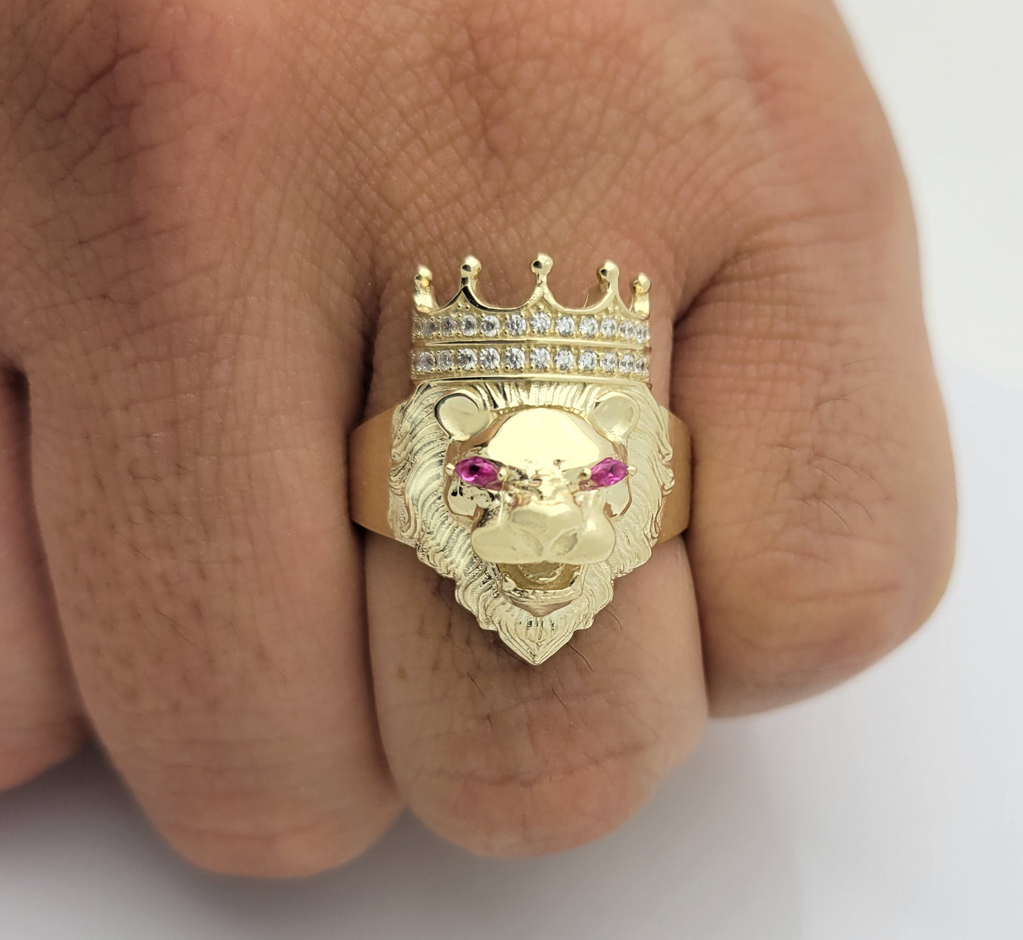 Men's Lion Head Ring 10K Yellow Gold Crown Lion Face Ring 1.0 in x 0.55 in