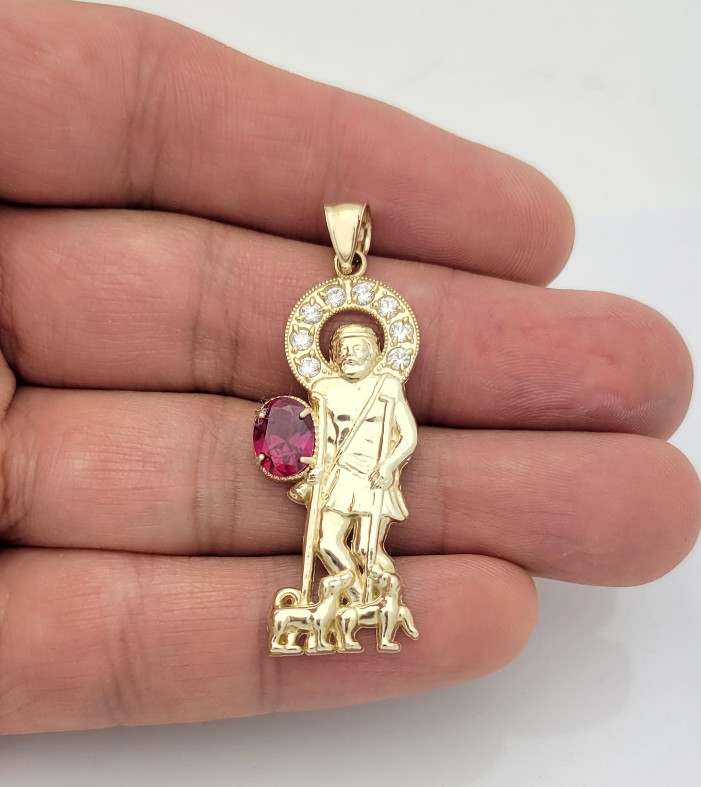 10K Yellow Gold Saint Lazarus Pendant Charm Patron Pendant Lazarus With Red Stone