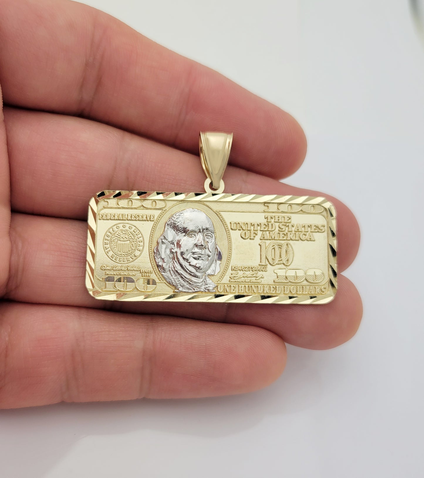 Mens 10K Yellow Gold Hundred Dollar Bill Pendant Benjamin Franklin