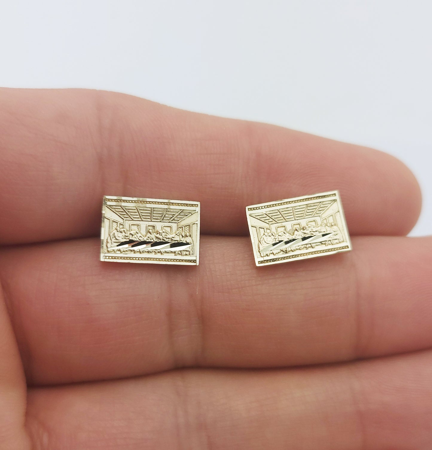 Men's Gold Last Supper Earrings 10K Yellow Gold Rectangle Last Supper Earrings