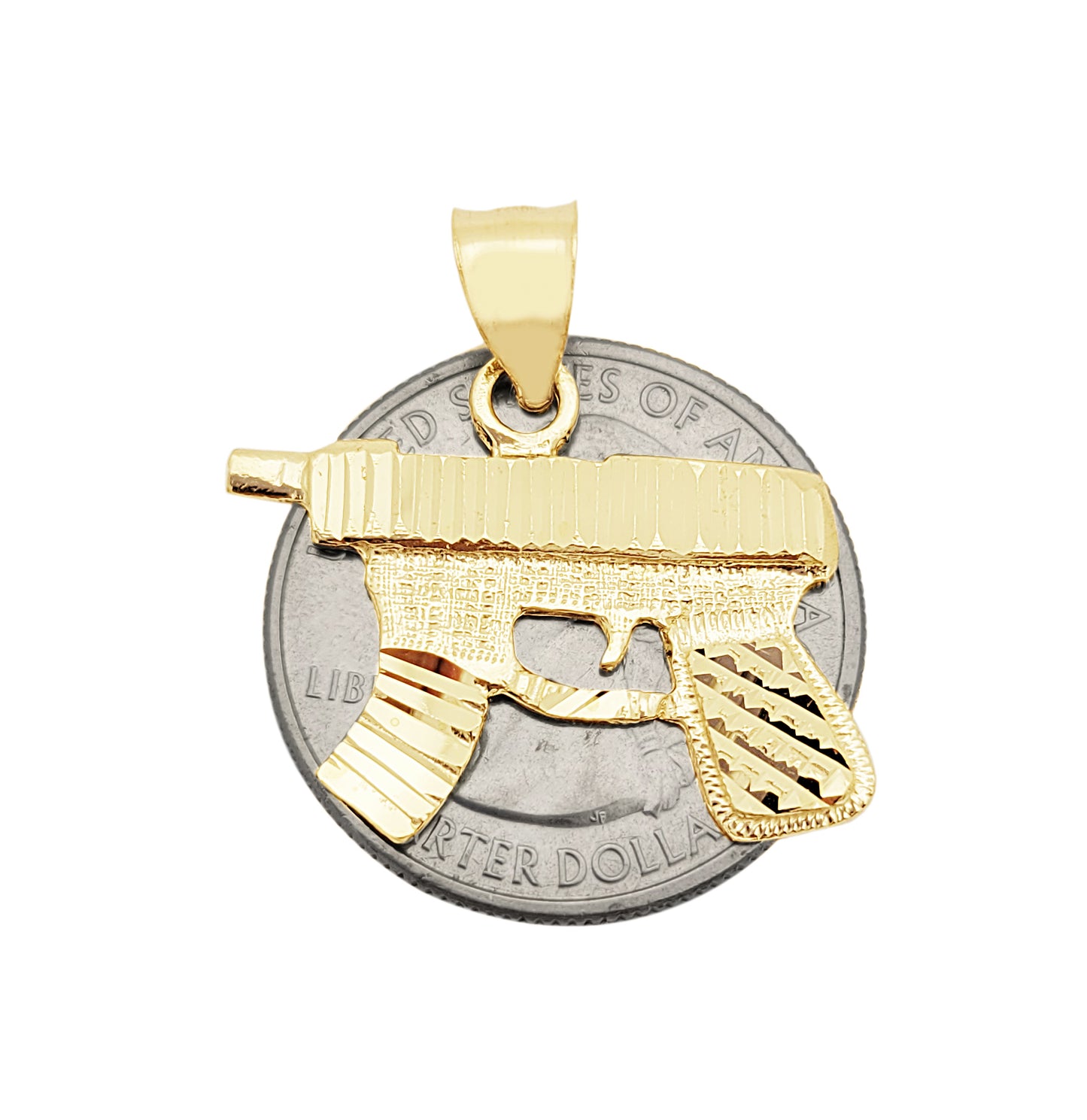 10K Yellow Gold Diamond Cut Uzi Gun Necklace Pendant 1.0 in