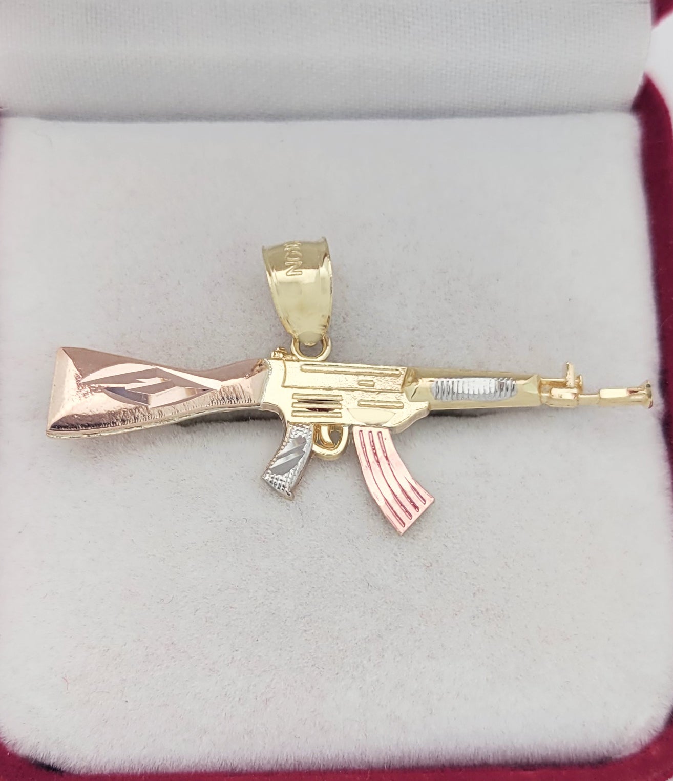 10k Yellow Gold Tri Color AK 47 Pendant Gold Rifle Necklace Pendant