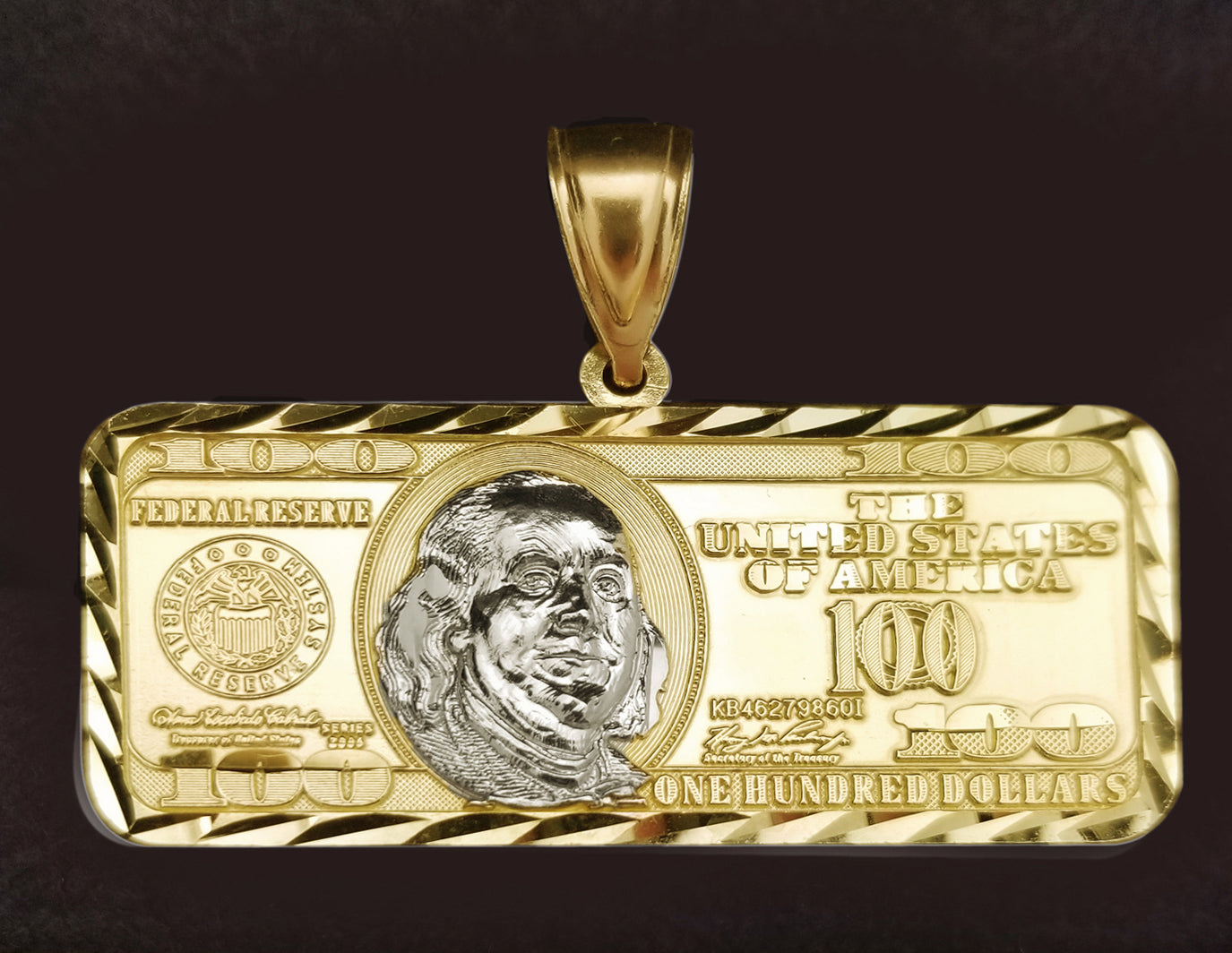 Mens 10K Yellow Gold Hundred Dollar Bill Pendant Benjamin Franklin