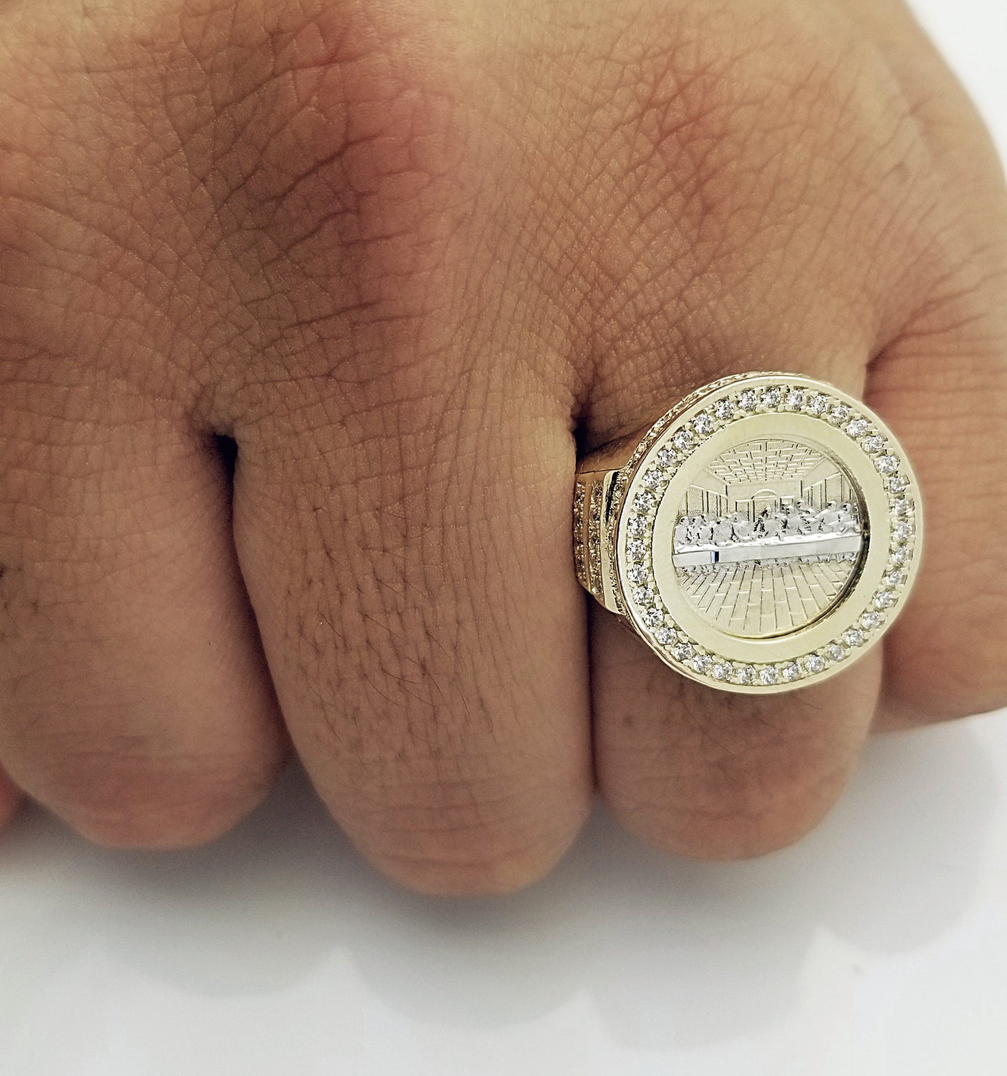 10K Yellow Gold Last Supper Ring For Men CZ Stone