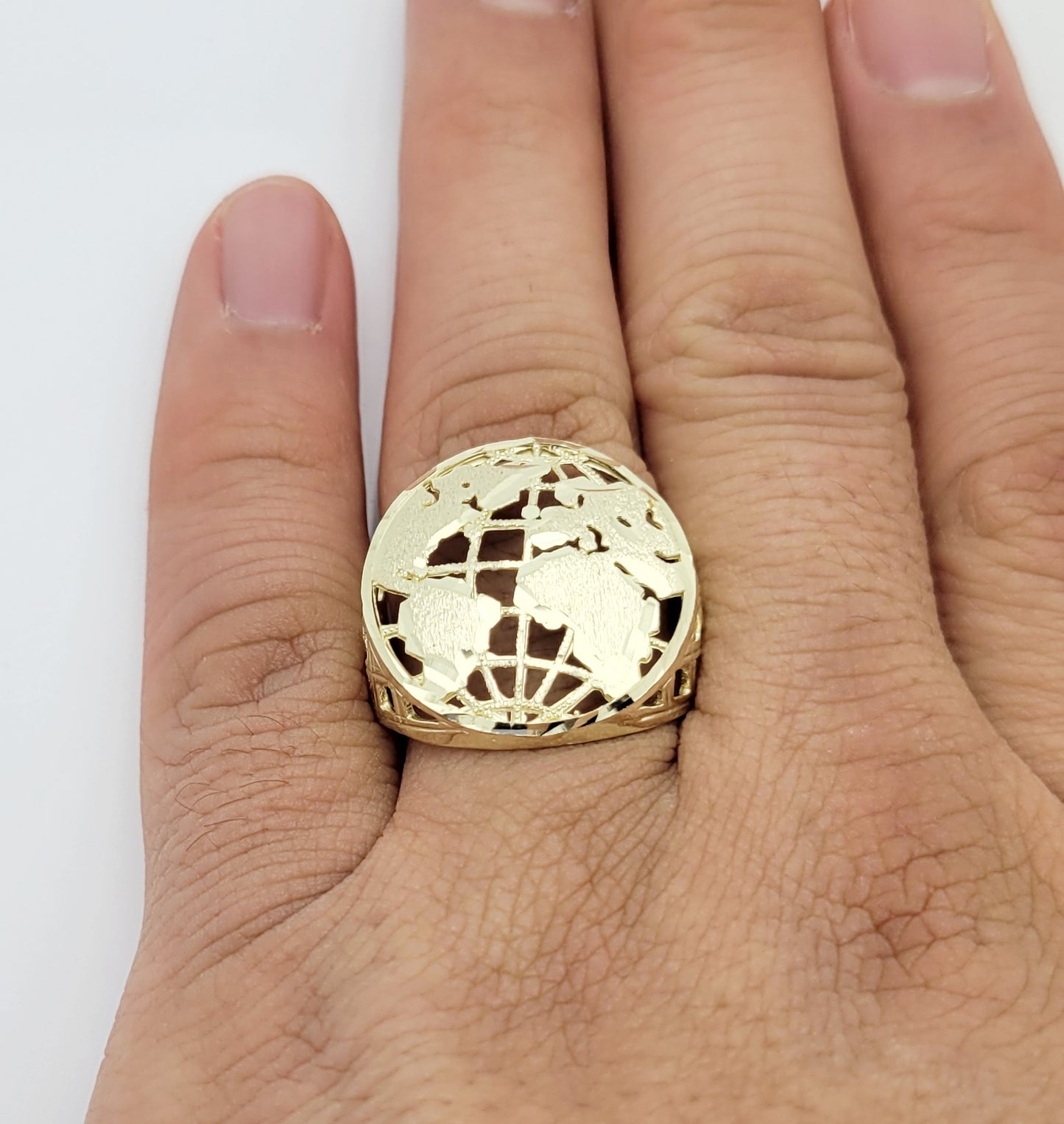 10K Yellow Gold Globe Ring Mens World Map Ring