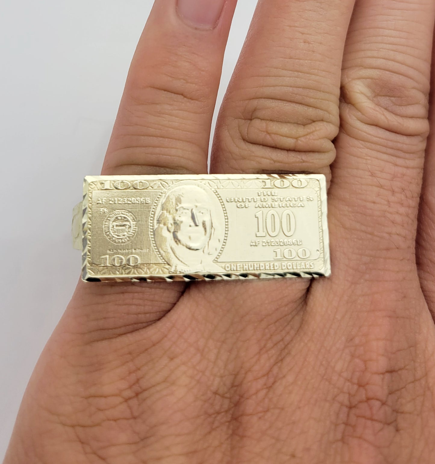 Men's 10K Yellow Gold Hundred Dollar Bill Ring Two Finger Ring Benjamin Franklin Double Finger Ring