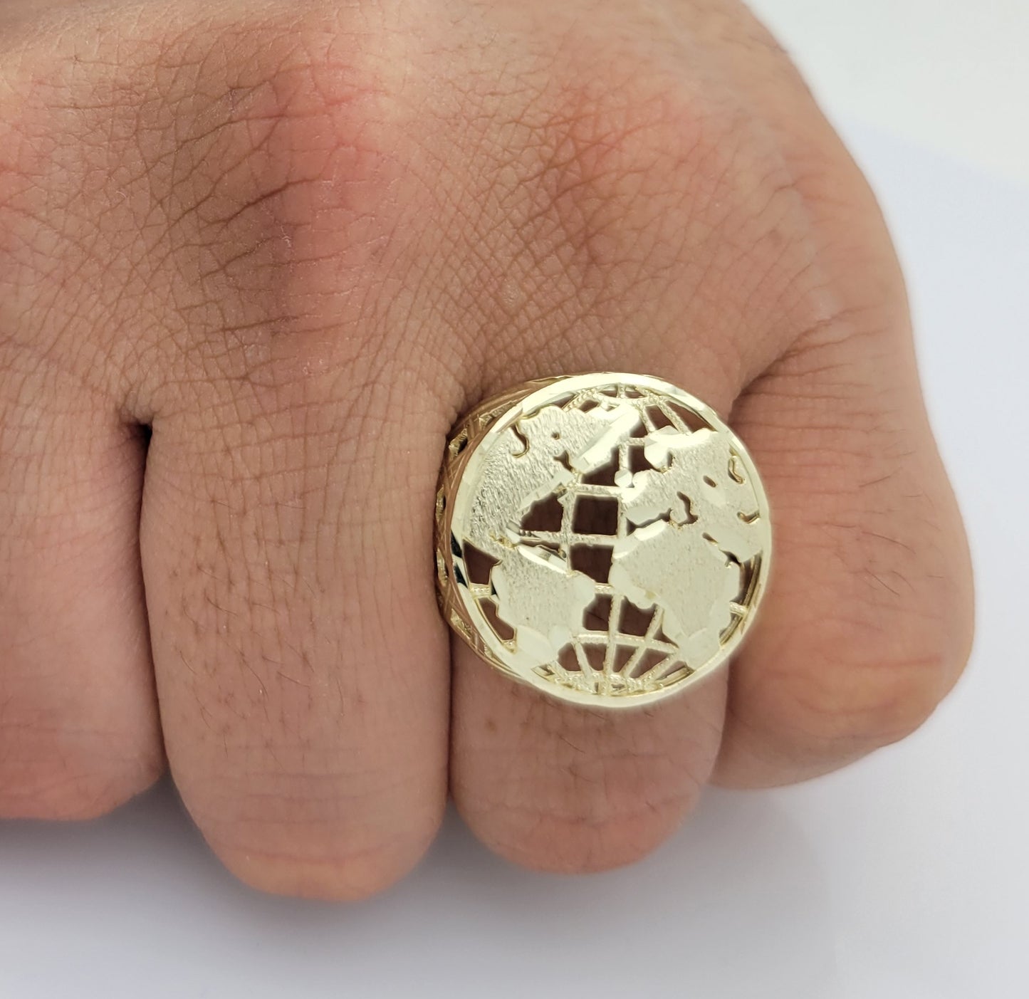 10K Yellow Gold Globe Ring Mens World Map Ring