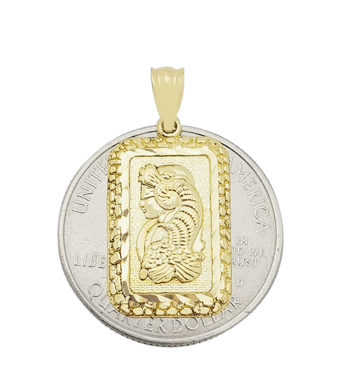 10k Yellow Gold Lady Fortuna Bar Pendant Nugget Cut Frame Lady Fortuna Bar 1 inch