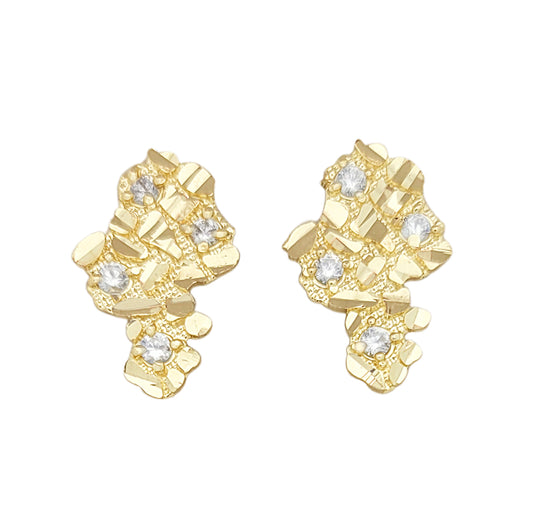 Mens 10k Yellow Gold Nugget Earrings With CZ