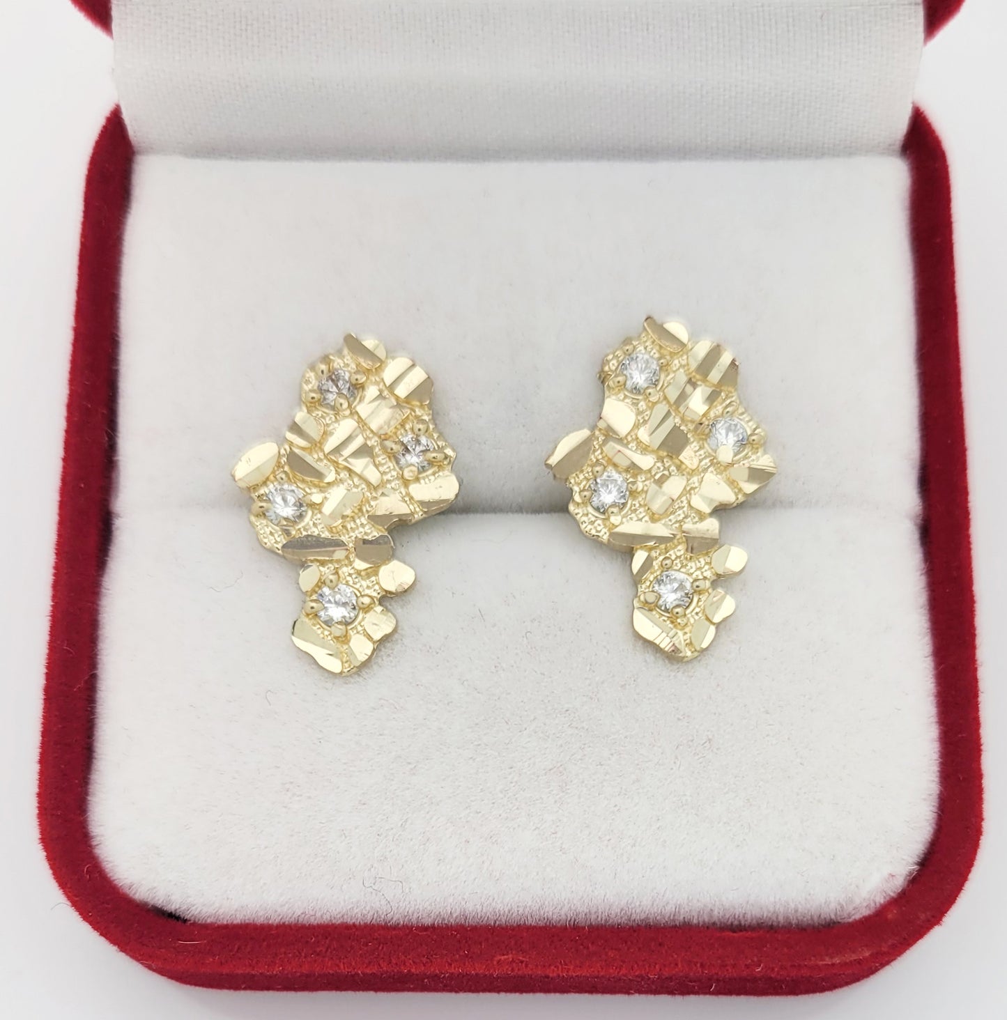 Mens 10k Yellow Gold Nugget Earrings With CZ