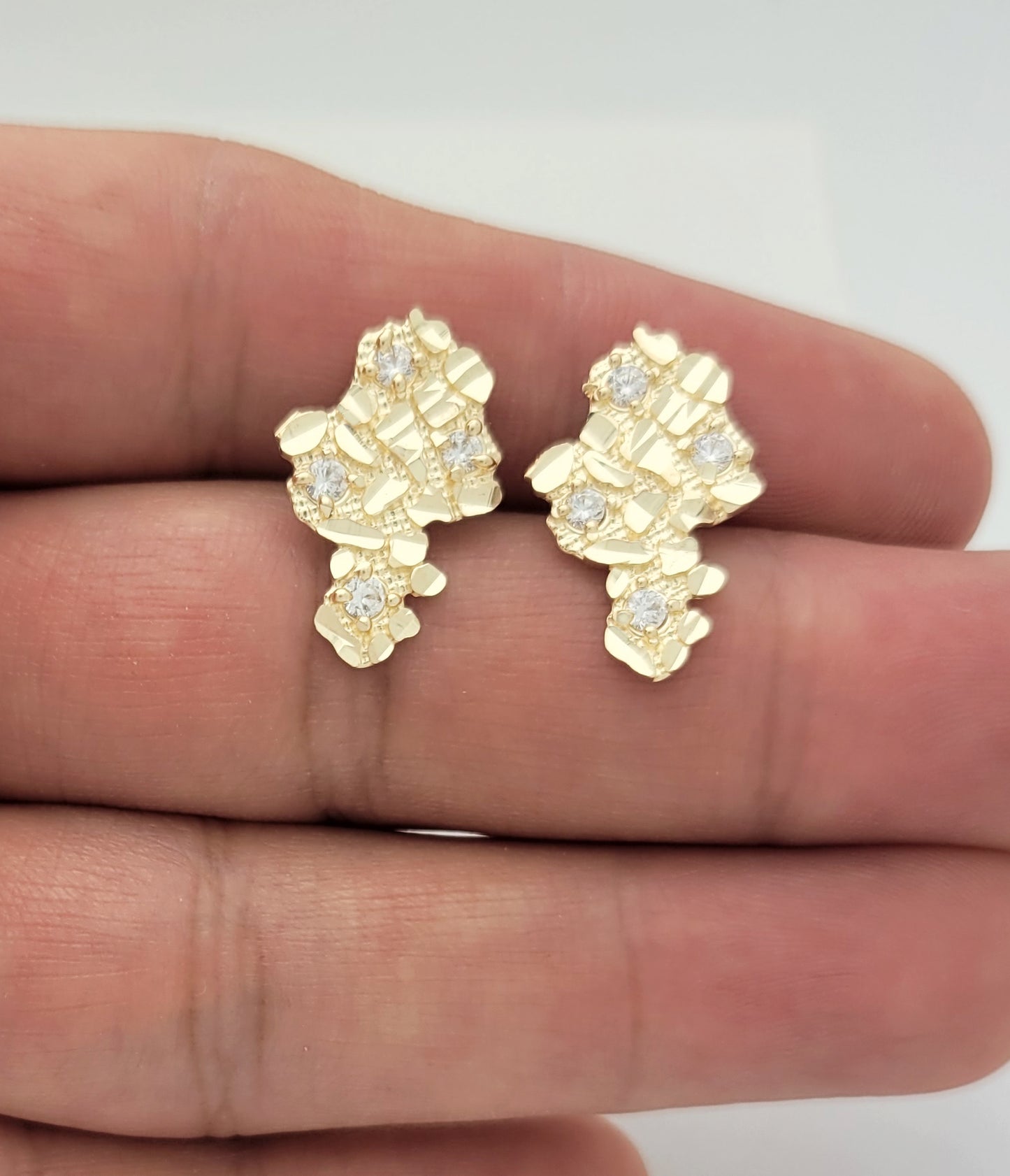 Mens 10k Yellow Gold Nugget Earrings With CZ